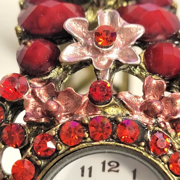 Red Floral Rhinestone Watch Cuff Band Round Face Ornate Fashion Watch - NEW ! - Picture 15 of 16